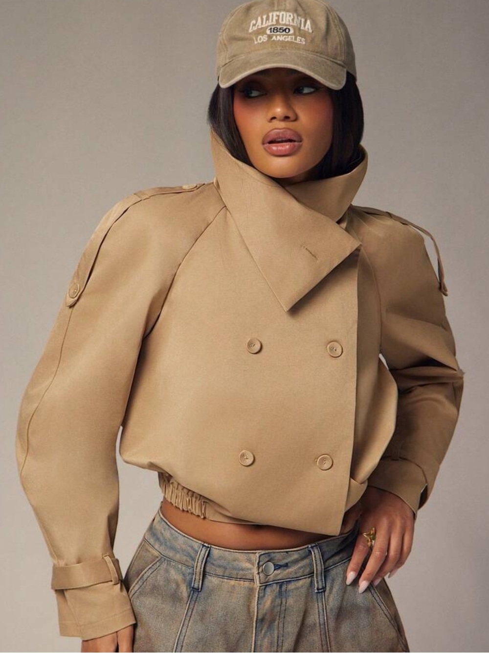 Denimoi Women's Khaki Short Trench Coat Jacket, Double-Breasted High Collar Loos